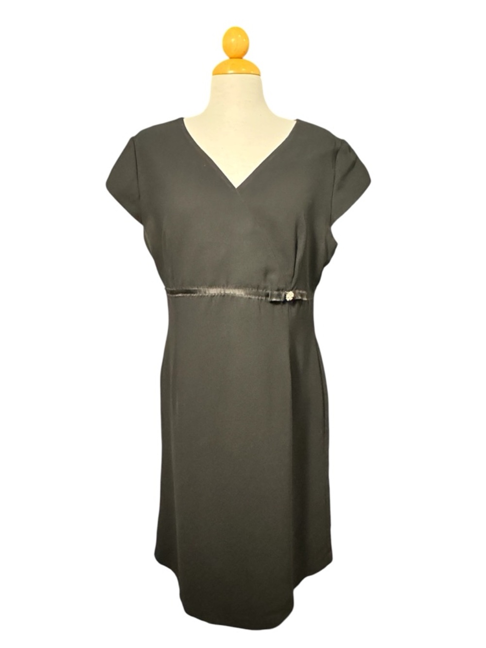 Studio I Black Faux Wrap Midi Dress with Waist Ribbon & Rhinestone Detail